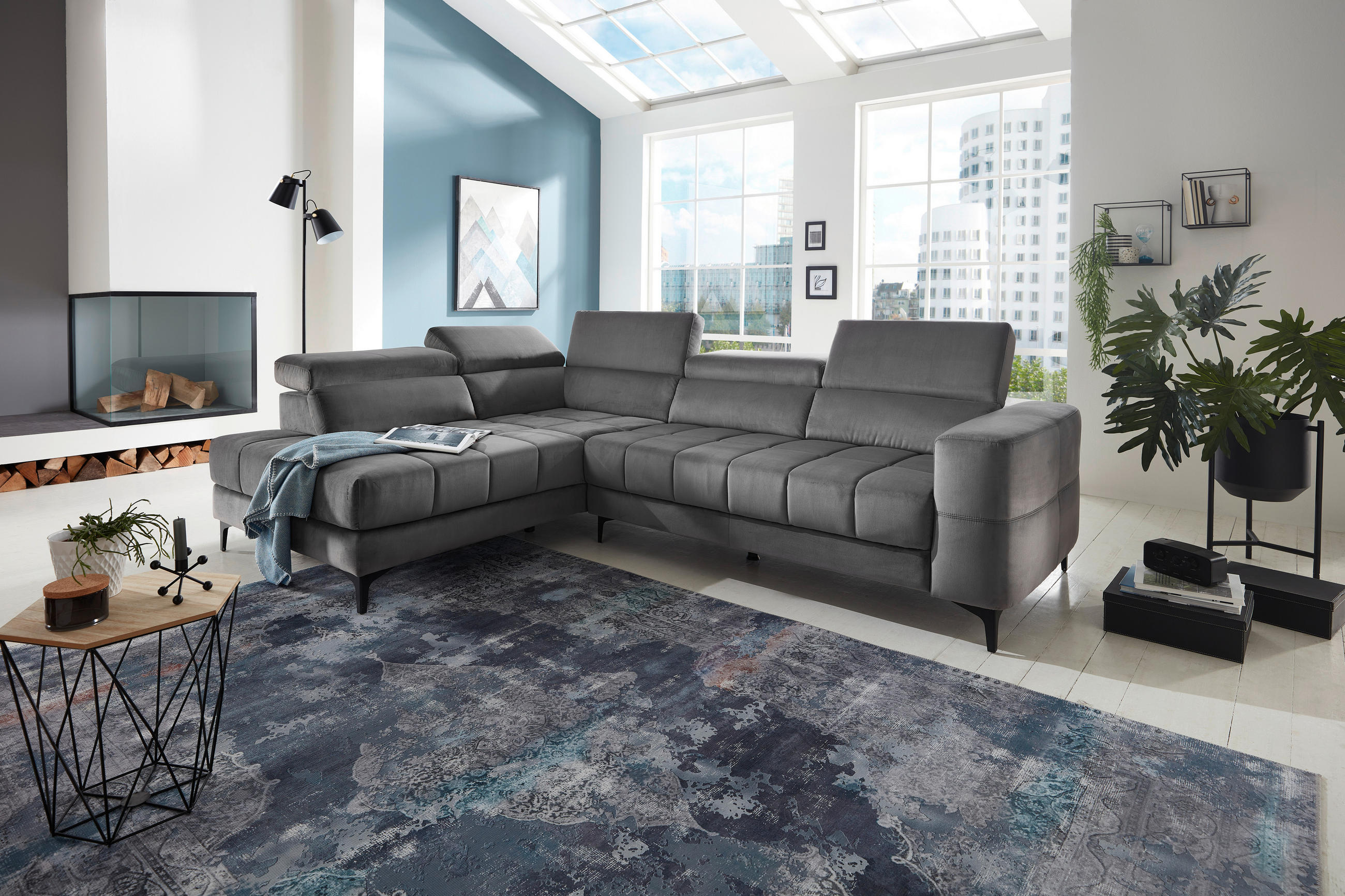 ECKSOFA inkl.Funktionen Dunkelgrau Samt  - Dunkelgrau/Schwarz, Design, Kunststoff/Textil (202/281cm) - Xora