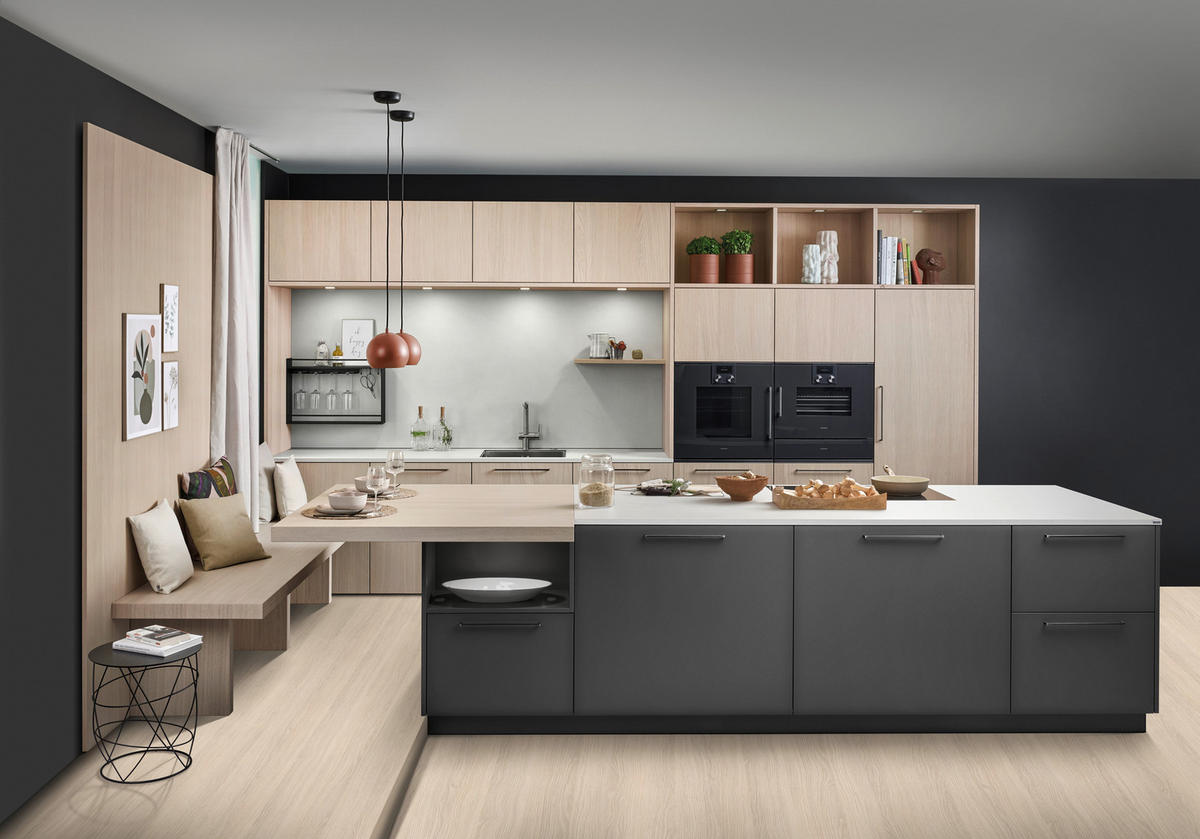 EINBAUKÜCHE   - Hellbraun/Dunkelgrau, Design, Holzwerkstoff - EWE
