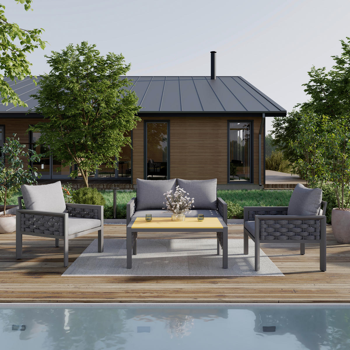 LOUNGEGARNITUR 4-teilig   290/73/153 cm  - Dunkelgrau/Grau, Modern, Kunststoff/Textil (290/73/153cm) - Ambia Garden