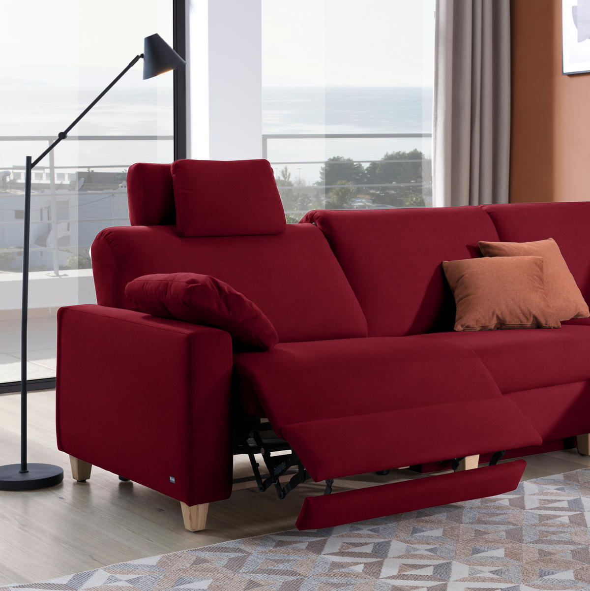 ECKSOFA in Flachgewebe Rot  261/203 cm  - Eichefarben/Rot, KONVENTIONELL, Holz/Textil (261/203cm) - Sedda
