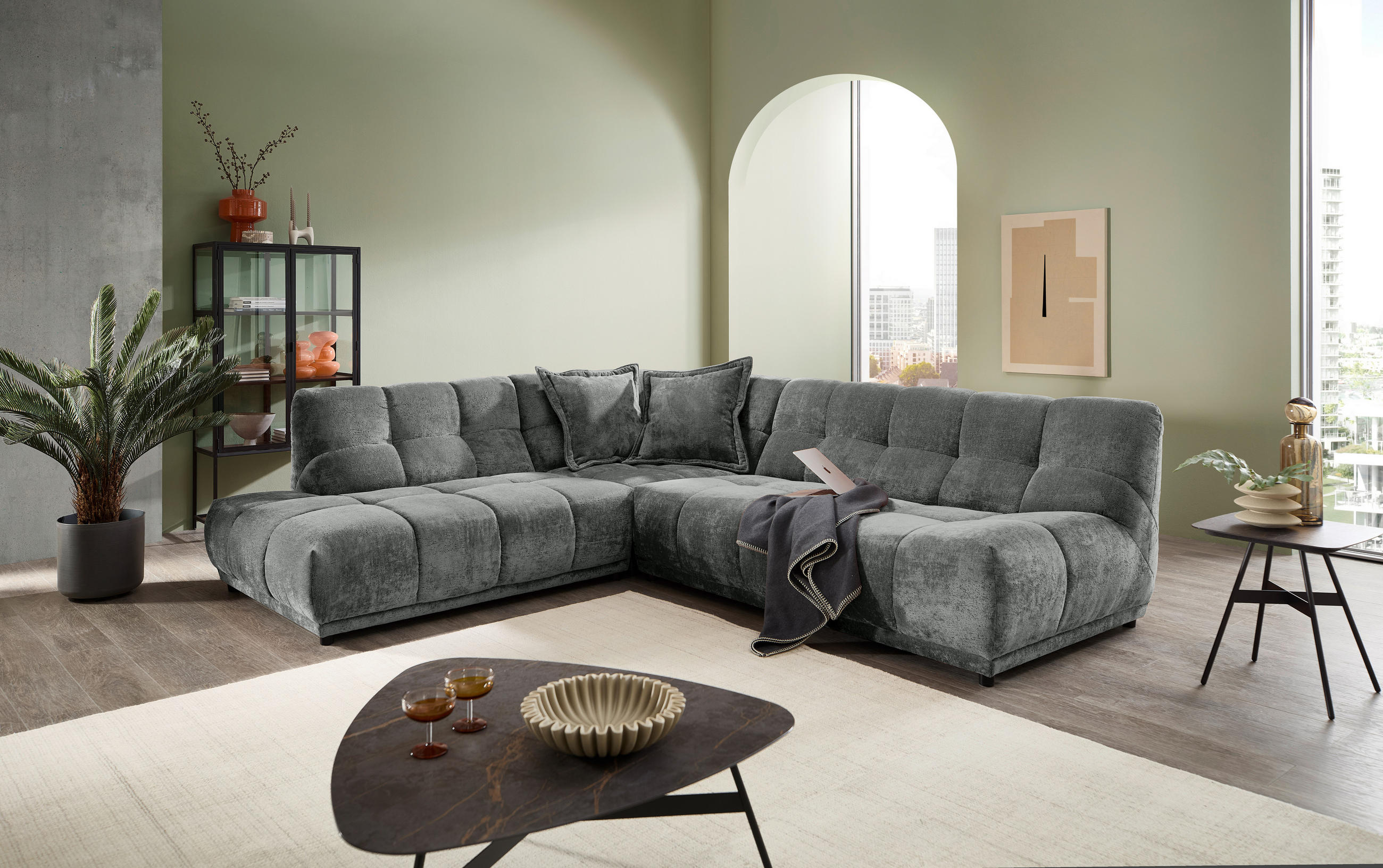 ECKSOFA ITALIA in Chenille Anthrazit  250/284 cm  - Anthrazit/Schwarz, MODERN, Kunststoff/Textil (250/284cm) - Livetastic