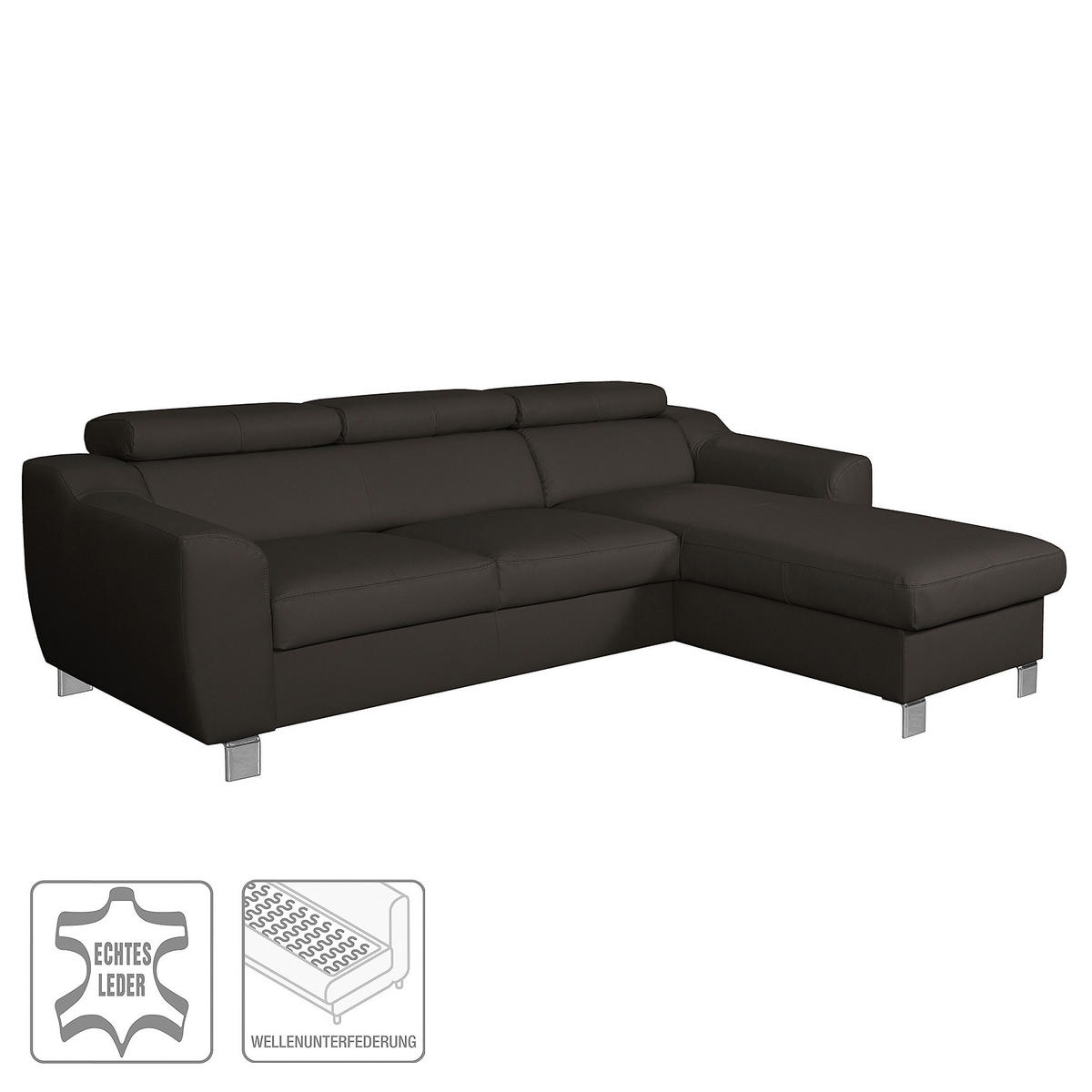 ECKSOFA in Lederlook Echtleder Dunkelbraun  - Chromfarben/Dunkelbraun, Design, Leder/Textil (242/176cm) - Livetastic