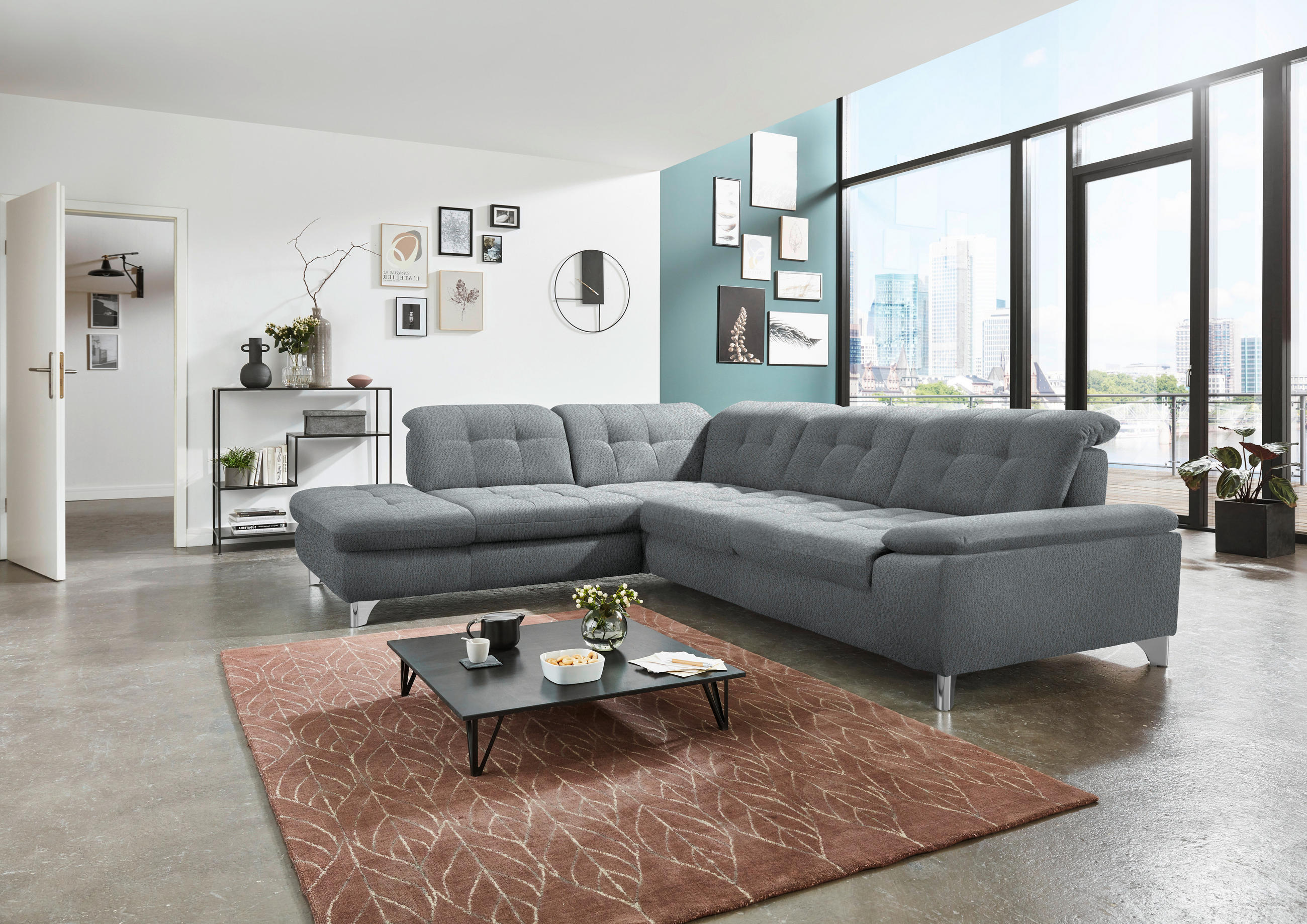 ECKSOFA in Chenille Blaugrau  - Chromfarben/Blaugrau, Design, Textil/Metall (260/310cm) - Beldomo Speed