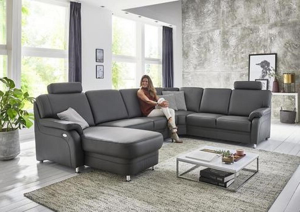 WOHNLANDSCHAFT Anthrazit Echtleder  - Anthrazit/Alufarben, KONVENTIONELL, Leder/Metall (165/329/239cm) - Beldomo Premium