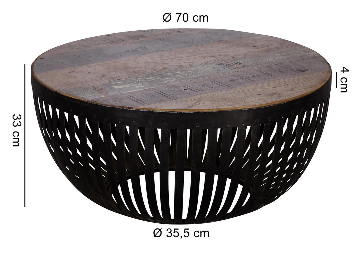 COUCHTISCH Recyclingholz massiv 70/70/33 cm rund Braun  - Schwarz/Braun, Design, Holz/Metall (70/70/33cm) - MID.YOU