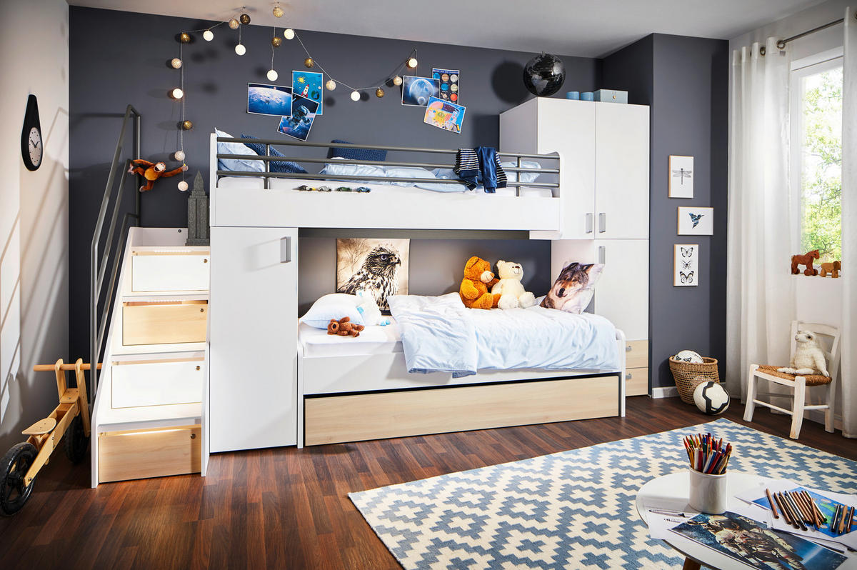 ETAGENBETT 90/200 cm Weiss, Ahornfarben  - Weiss/Anthrazit, Konventionell, Holzwerkstoff/Metall (90/200cm) - Novel