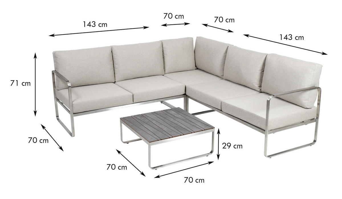 LOUNGEGARNITUR   143/71/70 cm Edelstahl  - Anthrazit/Beige, Basics, Kunststoff/Textil (143/71/70cm) - Gardenson