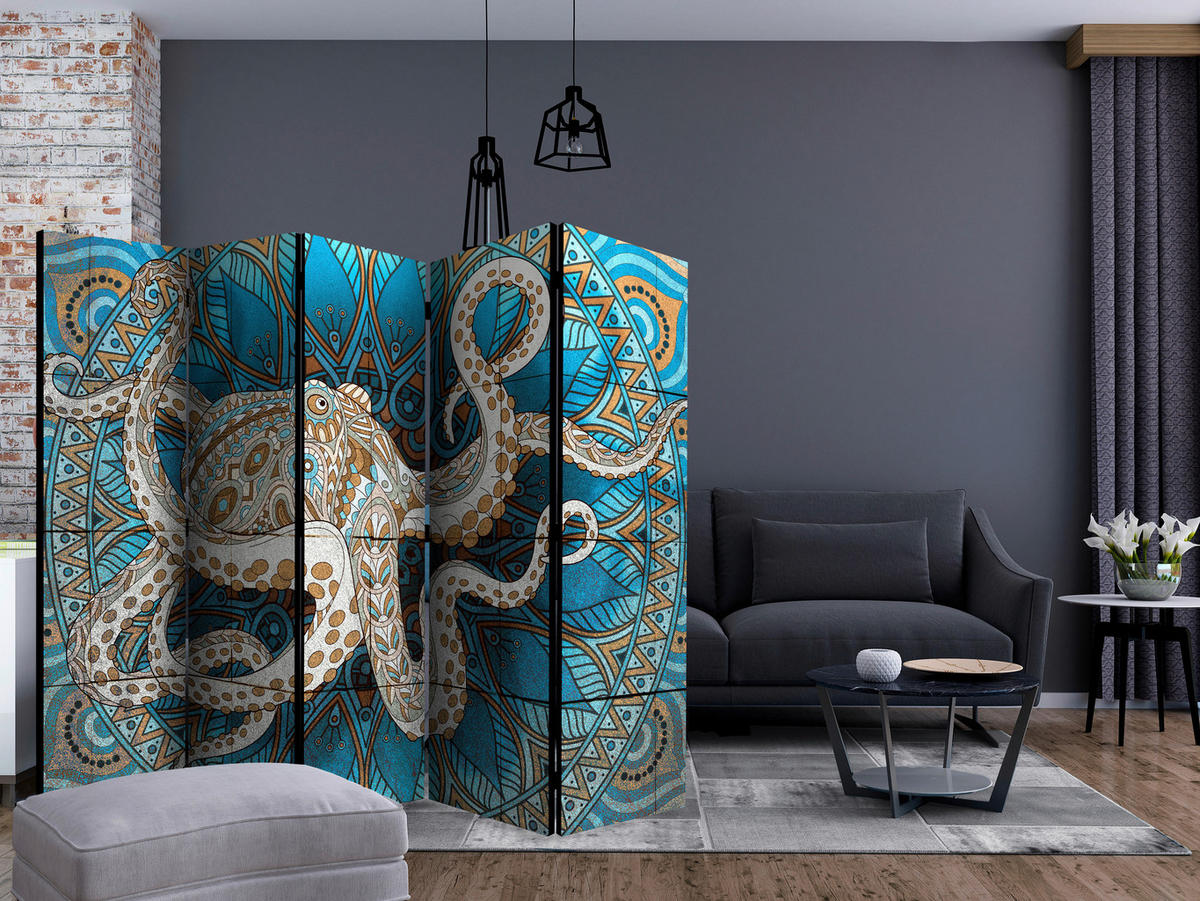 SKÄRMVÄGG  i trä, textil  blå, brun  - brun/blå, Modern, trä/textil (225/172/3cm) - artgeist