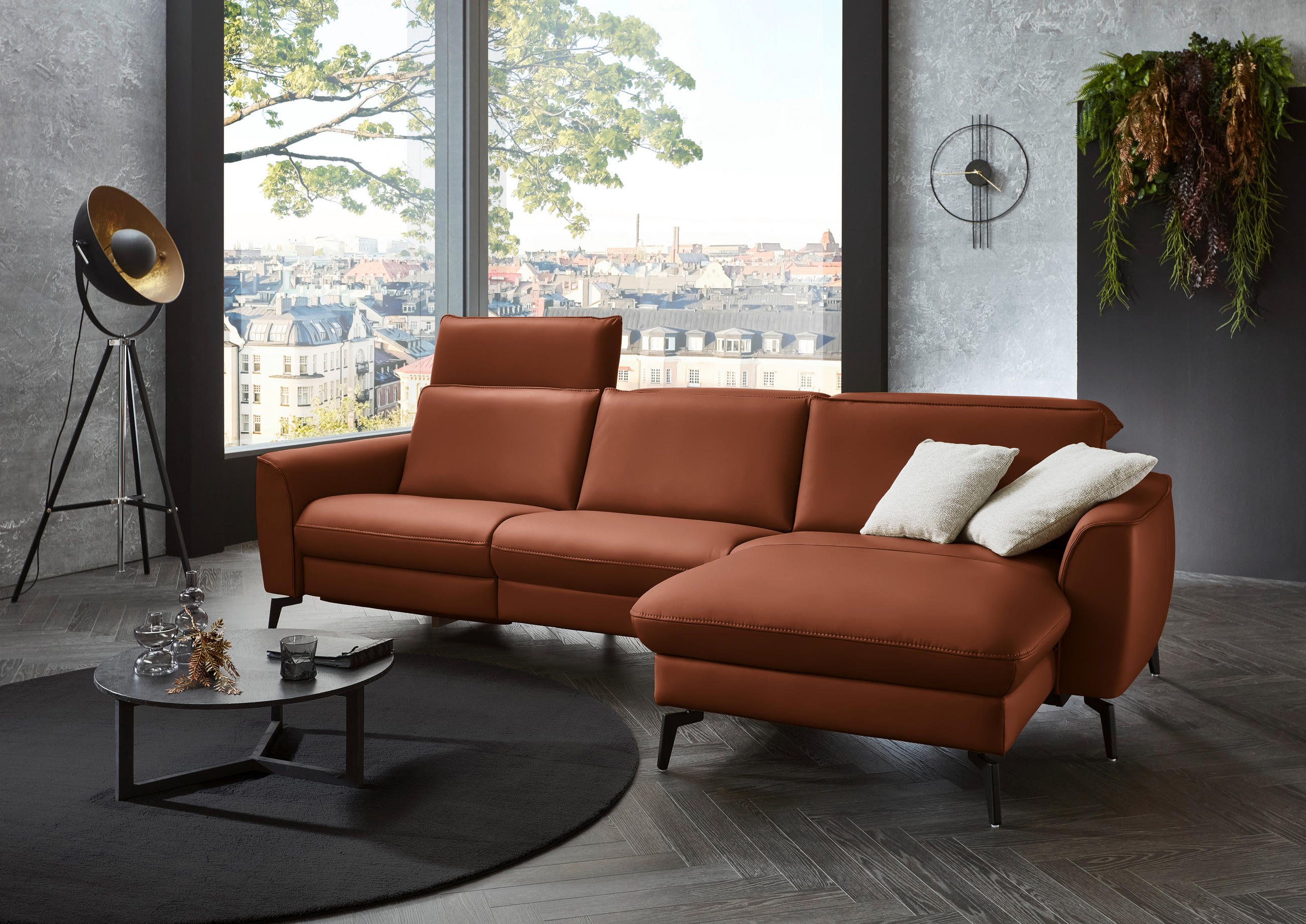 ECKSOFA in Echtleder Cognac  - Cognac/Schwarz, Natur, Leder/Metall (281/168cm) - Valdera
