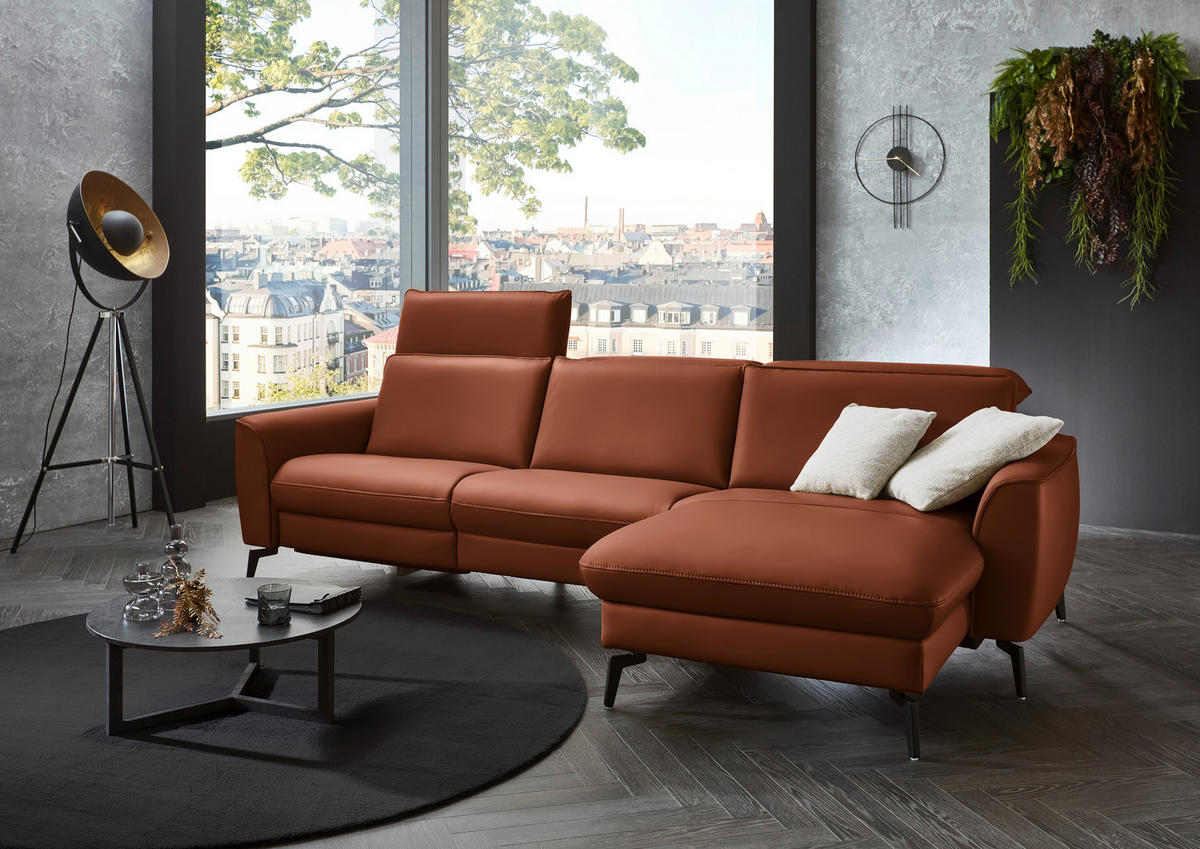ECKSOFA in Echtleder Cognac  - Cognac/Schwarz, Natur, Leder/Metall (281/168cm) - Valdera