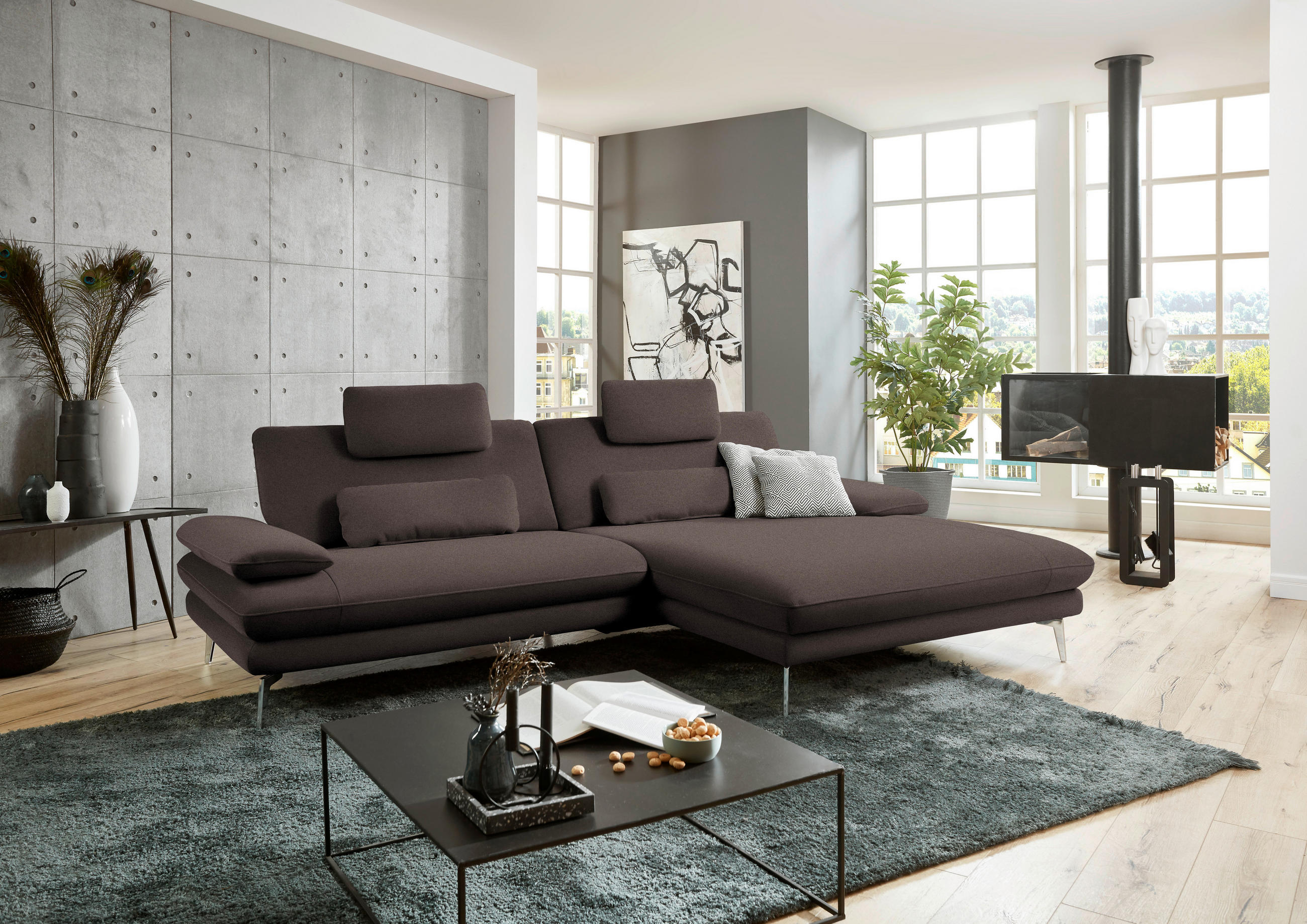 ECKSOFA in Webstoff Dunkelbraun  - Dunkelbraun/Schwarz, Design, Textil/Metall (284/184cm) - Dieter Knoll
