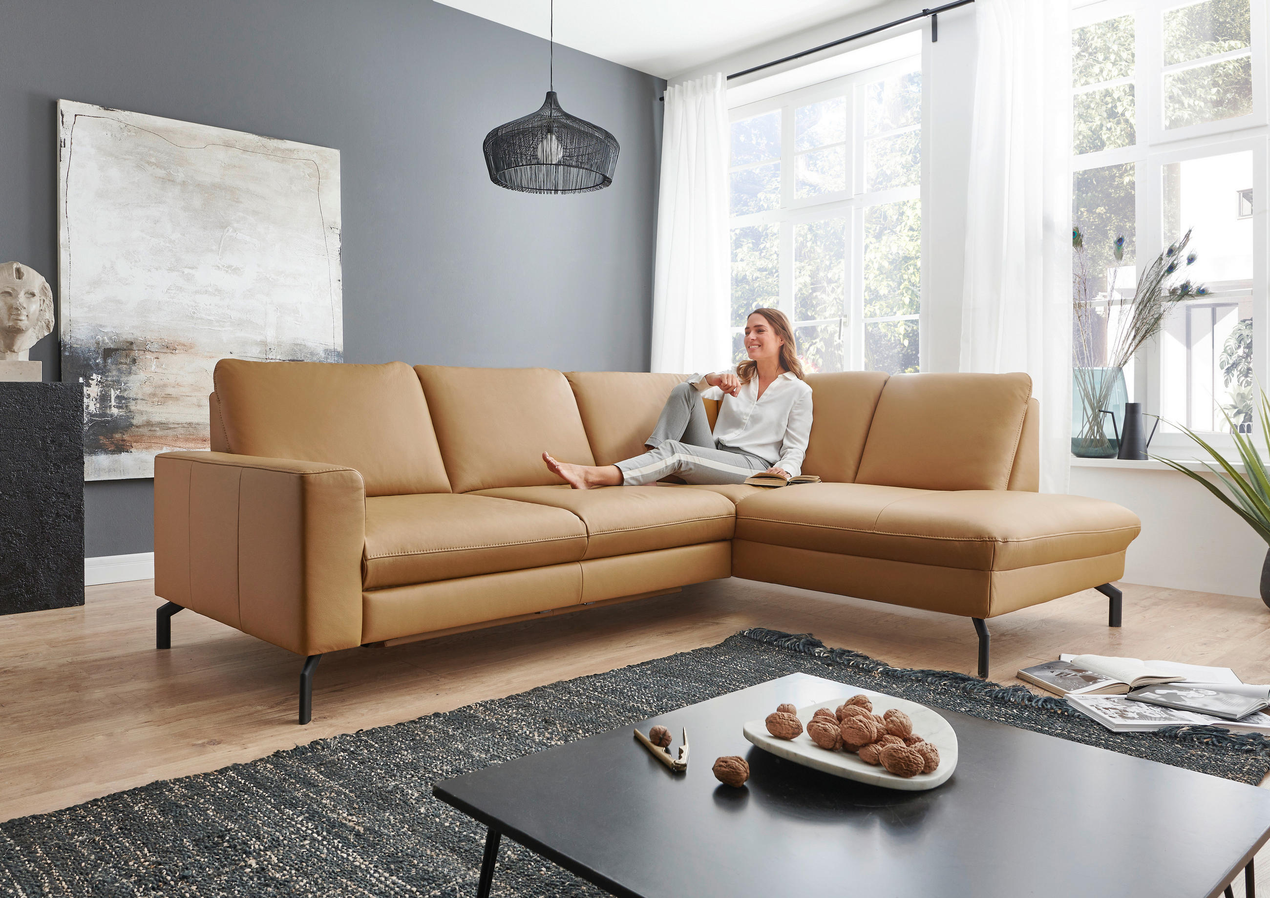 ECKSOFA in Echtleder Currygelb  - Currygelb/Schwarz, Design, Leder/Metall (250/194cm) - Beldomo Premium