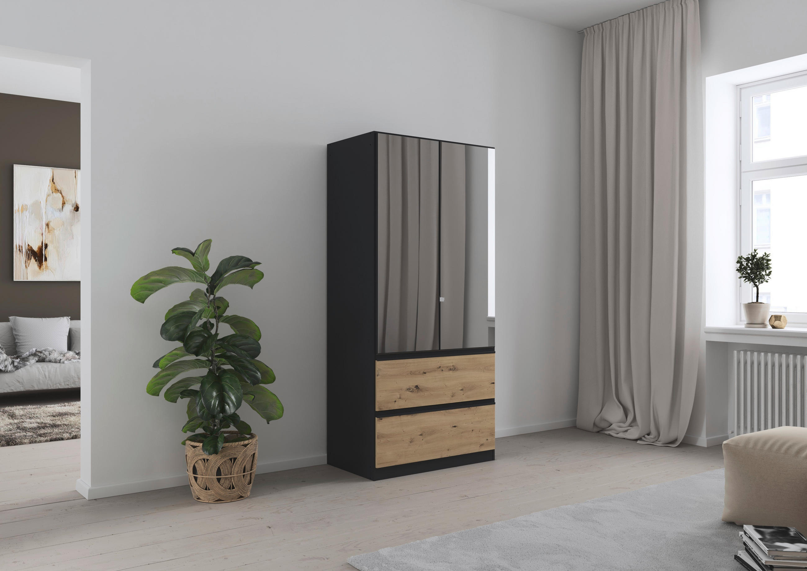 DREHTÜRENSCHRANK in Grau, Eiche Artisan  - Eiche Artisan/Grau, Modern, Holzwerkstoff (91/197/54cm) - Rauch Möbel