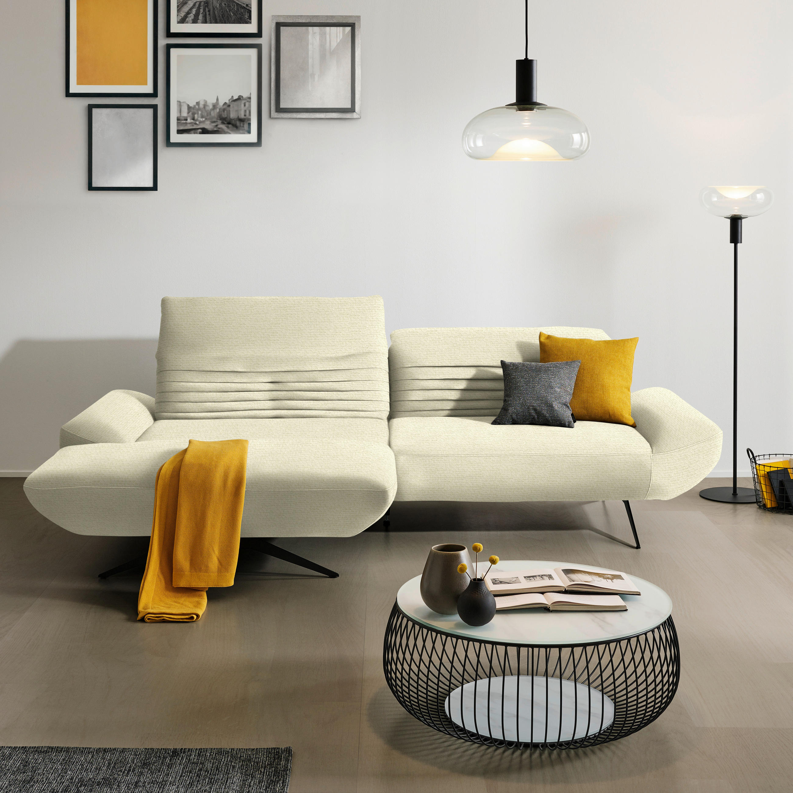 ECKSOFA in Chenille Creme  170-195/280 cm  - Creme/Schwarz, Design, Textil/Metall (170-195/280cm) - Dieter Knoll