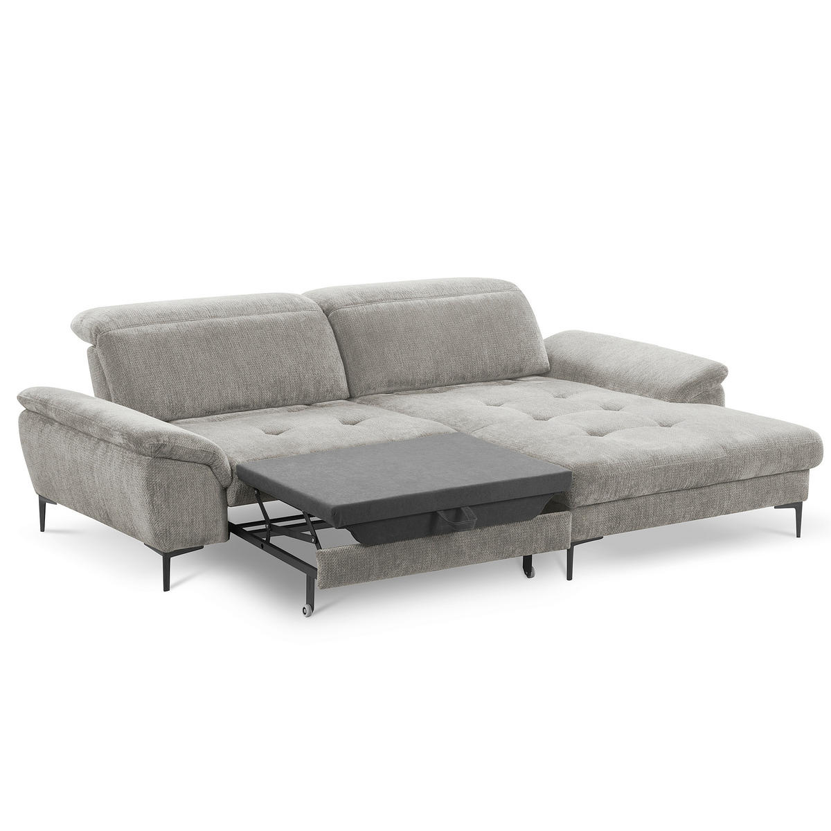 ECKSOFA PRADO Greige Webstoff Bettkasten, Kopfteilverstellung, Sitztiefenverstellung  - Greige/Schwarz, Design, Textil/Metall (268/195cm) - Livetastic
