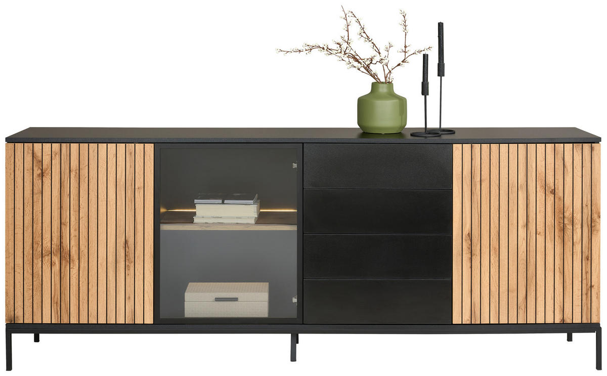 SIDEBOARD  in 205,8/81/38 cm  - Eiche Wotan/Schwarz, KONVENTIONELL, Glas/Holzwerkstoff (205,8/81/38cm) - Xora