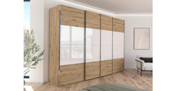 SCHWEBETÜRENSCHRANK  in Weiß, Eiche Artisan  - Chromfarben/Weiß, KONVENTIONELL, Glas/Holzwerkstoff (316/235/68cm) - Novel