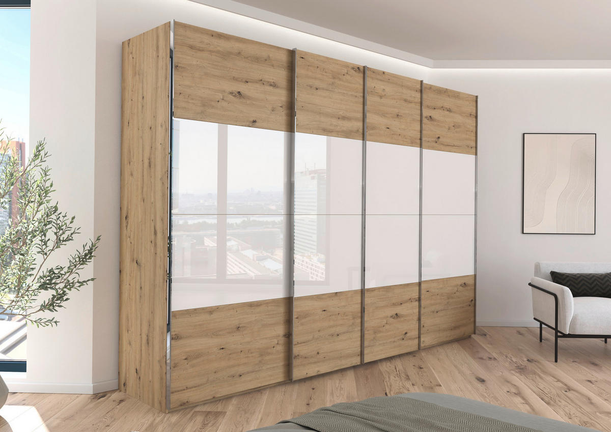 SCHWEBETÜRENSCHRANK 316/235/68 cm 4-türig Weiß, Eiche Artisan  - Chromfarben/Weiß, KONVENTIONELL, Glas/Holzwerkstoff (316/235/68cm) - Novel