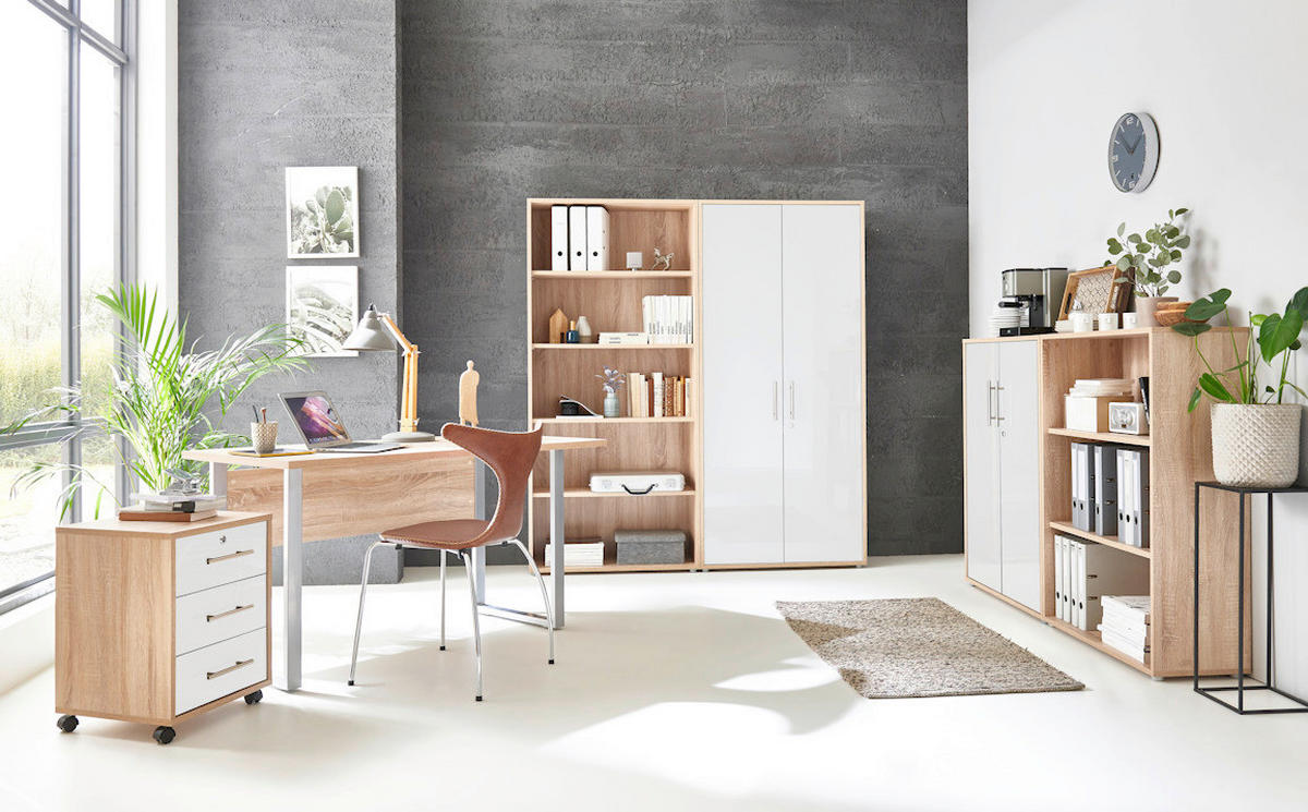 BÜRO - Weiß Hochglanz/Sonoma Eiche, MODERN, Holzwerkstoff/Metall - MID.YOU