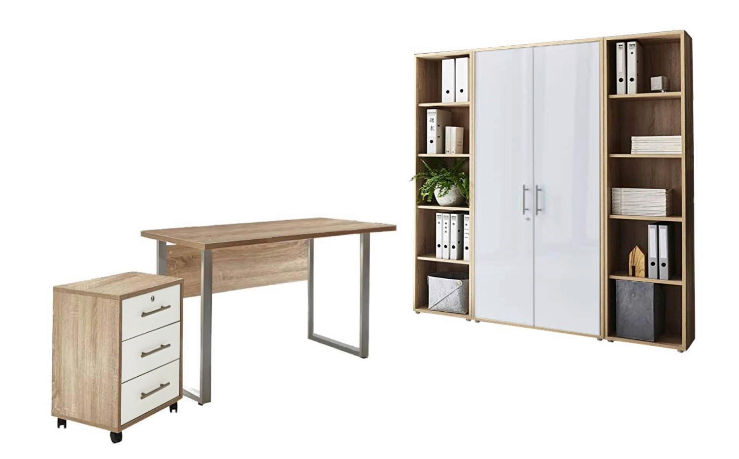 BÜRO erweiterbar, abschließbar Sonoma Eiche, Weiß Hochglanz - Weiß Hochglanz/Sonoma Eiche, MODERN, Holzwerkstoff/Metall - MID.YOU