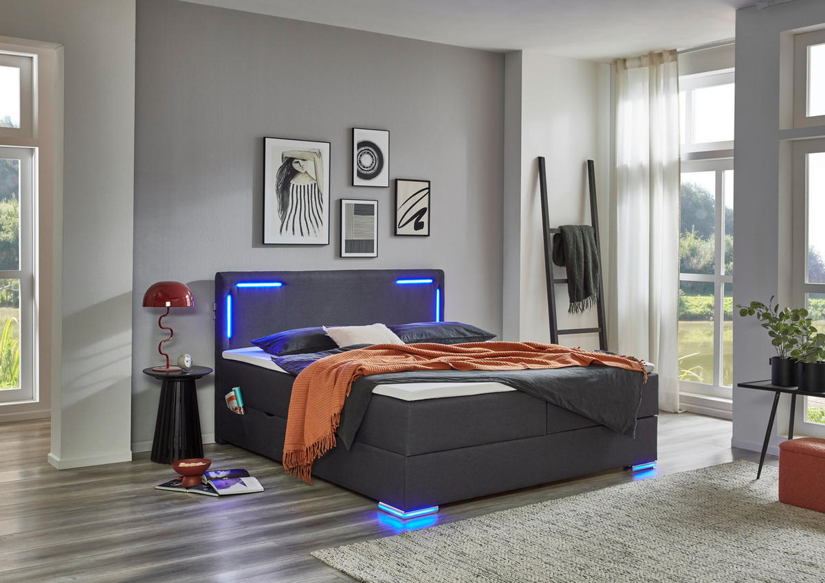 BOXSPRINGBETT 160/200 cm  in Anthrazit  - Anthrazit/Silberfarben, Design, Kunststoff/Textil (160/200cm) - Xora