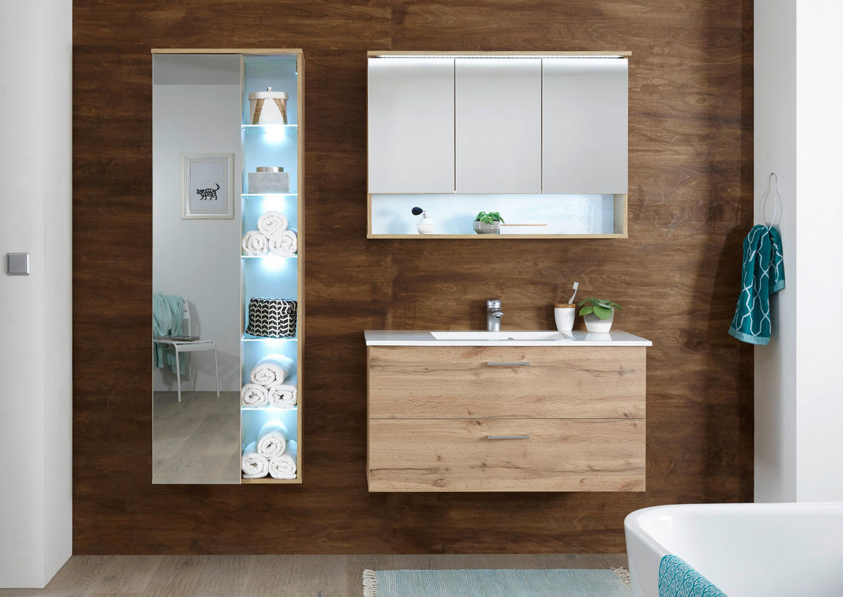 KOMBINOVANI UGRADNI UMIVAONIK  boja hrasta  - boja hrasta/bela, Moderno, kamen/pločasti materijal (99cm) - Xora