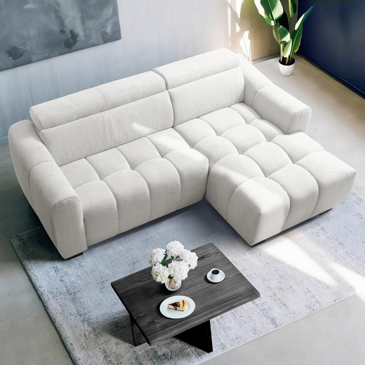 ECKSOFA AVEIRO Silberfarben Webstoff Bettkasten, Kopfteilverstellung, Sitzvorzug  - Silberfarben/Schwarz, Design, Kunststoff/Textil (274/177cm) - Livetastic