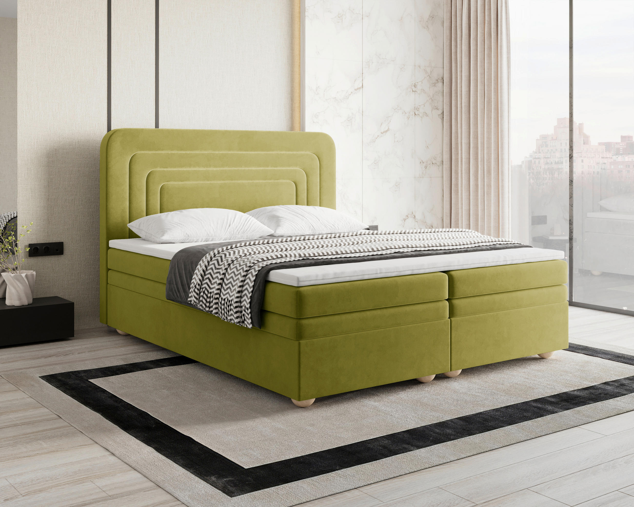 BOXBETT 180/200 cm,  in Olivgrün, gepolstertes Kopfteil, Bettkasten, Topper, H2 + H3 = mittel + fest  - Braun/Olivgrün, MODERN, Holz/Kunststoff (180/200cm) - Livetastic