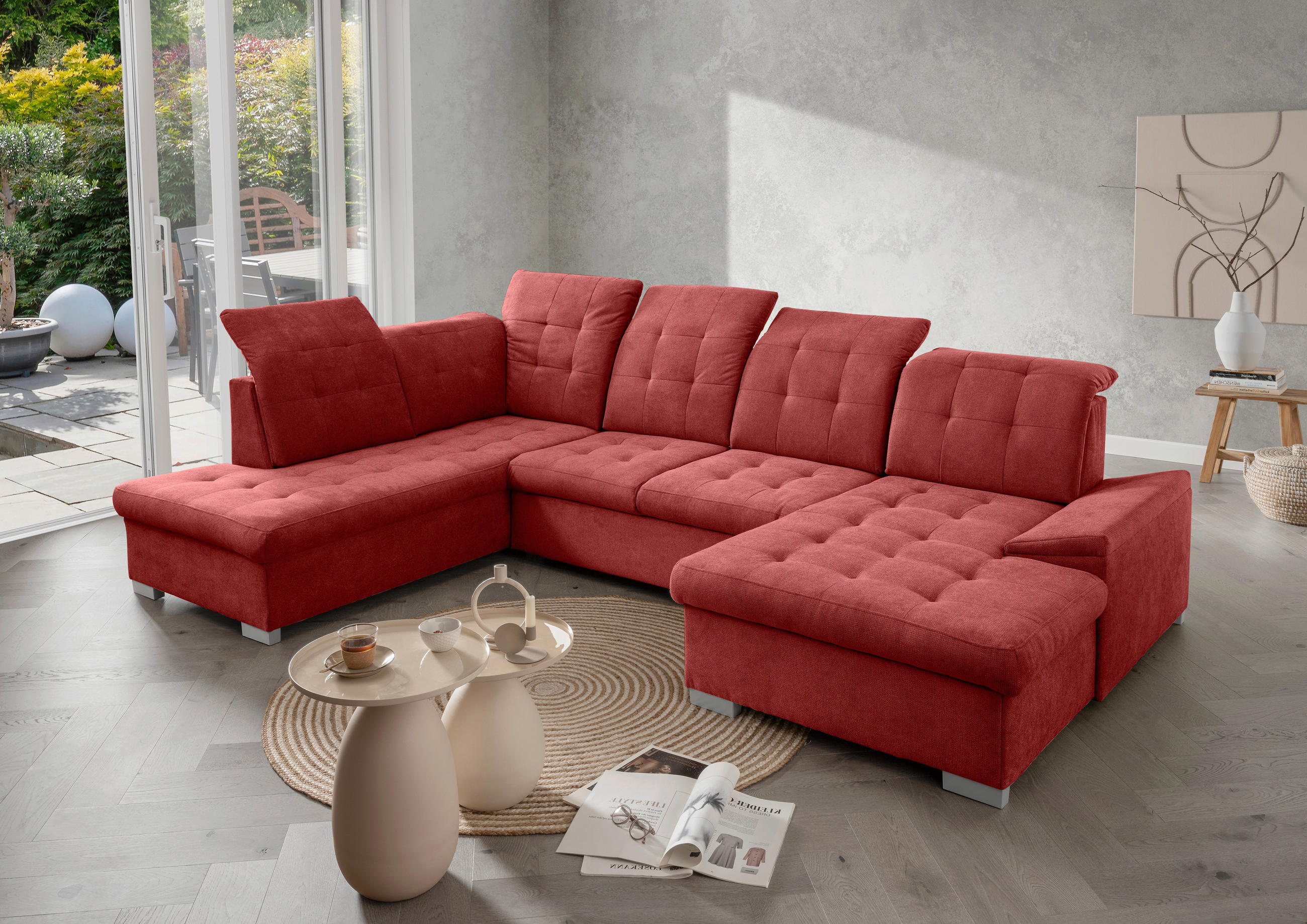 WOHNLANDSCHAFT in Chenille Rot  - Chromfarben/Rot, Modern, Kunststoff/Textil (212/330/169cm) - Livetastic