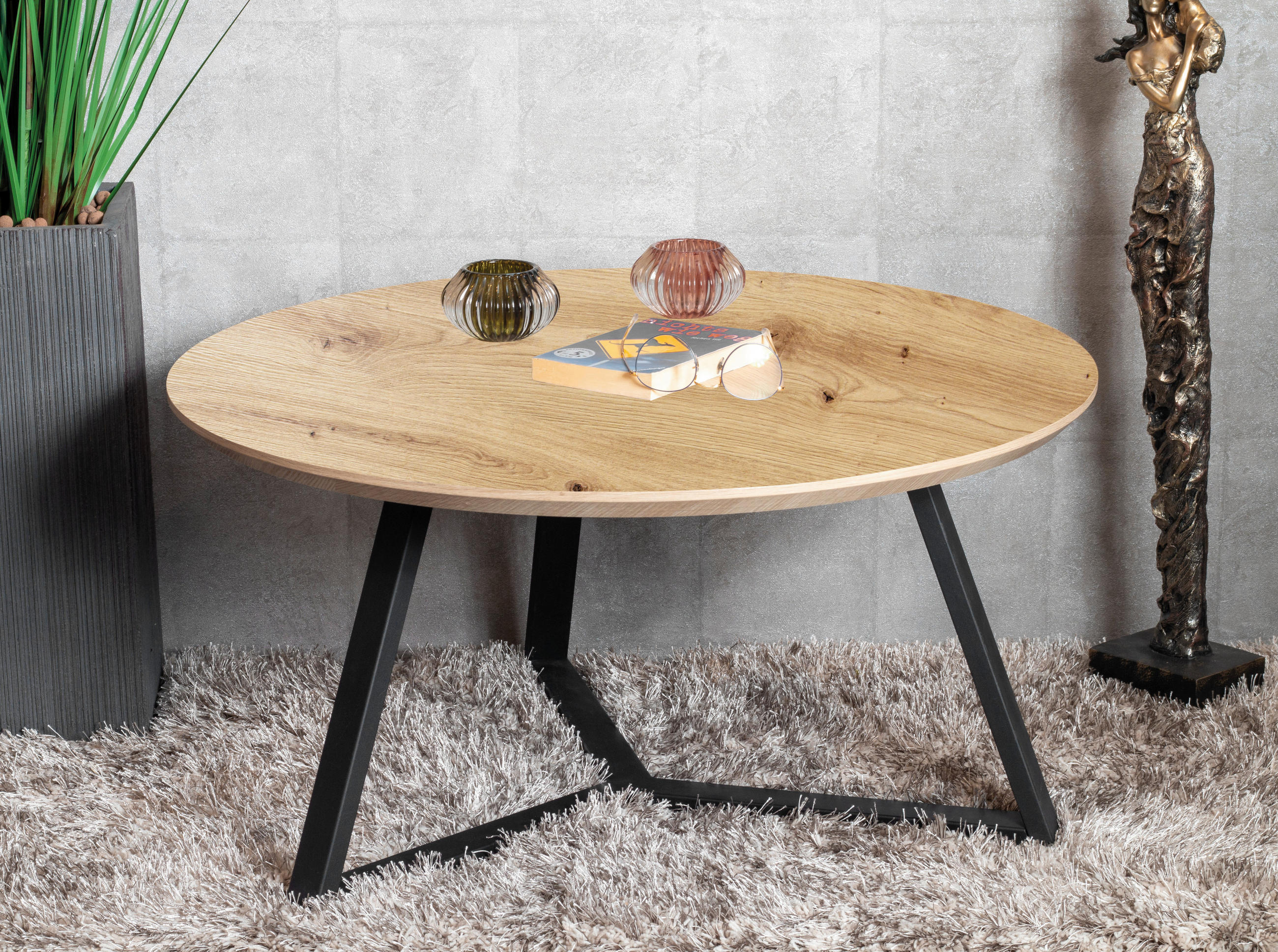 COUCHTISCH 80/80/41 cm rund Schwarz, Eichefarben  - Eichefarben/Schwarz, Design, Holzwerkstoff/Metall (80/80/41cm)