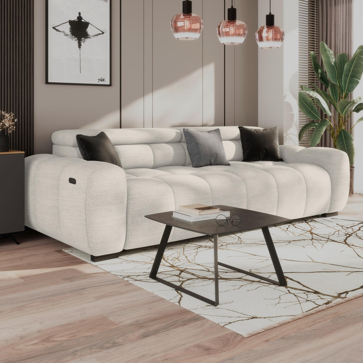 BIGSOFA Webstoff Greige  - Greige/Schwarz, Design, Kunststoff/Textil (248/77-97/108cm) - Welnova