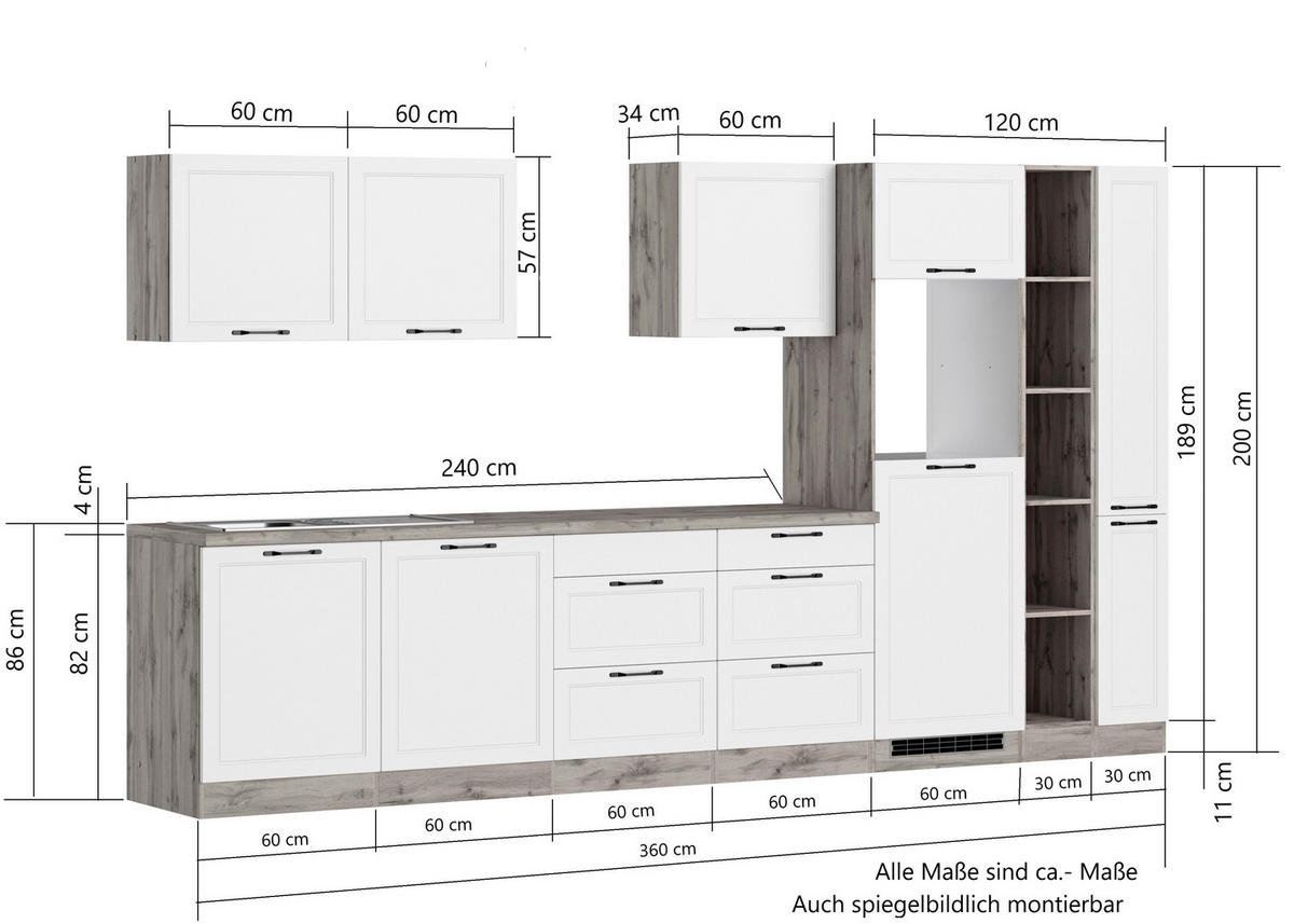 KÜCHENBLOCK 360 cm   in Weiß, Eiche Wotan  - Eiche Wotan/Schwarz, LIFESTYLE, Holzwerkstoff/Metall (360cm) - Held