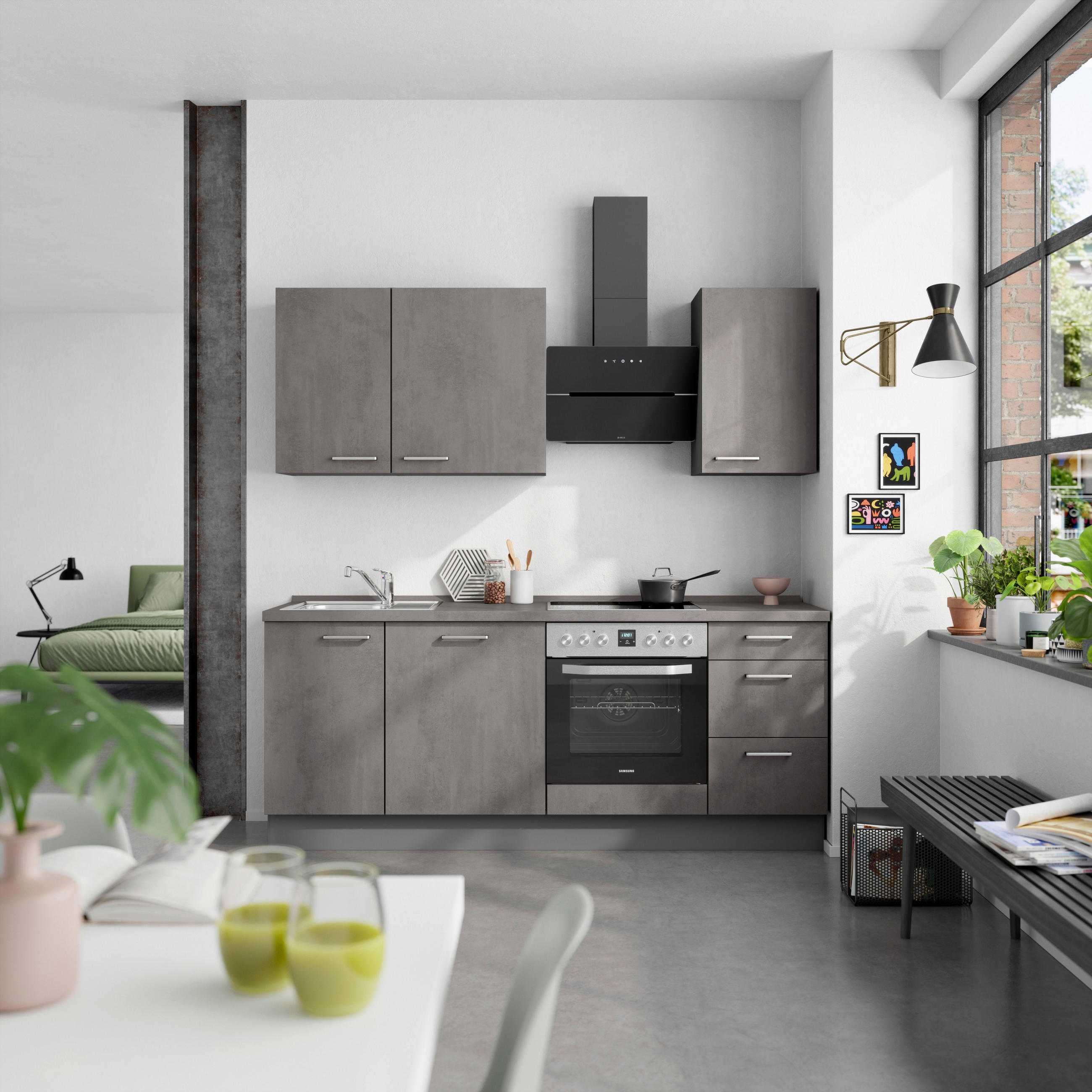 KÜCHENBLOCK Riva 210 cm  in Schieferfarben  - Schieferfarben/Edelstahlfarben, MODERN, Holzwerkstoff/Metall (210cm) - Nobilia