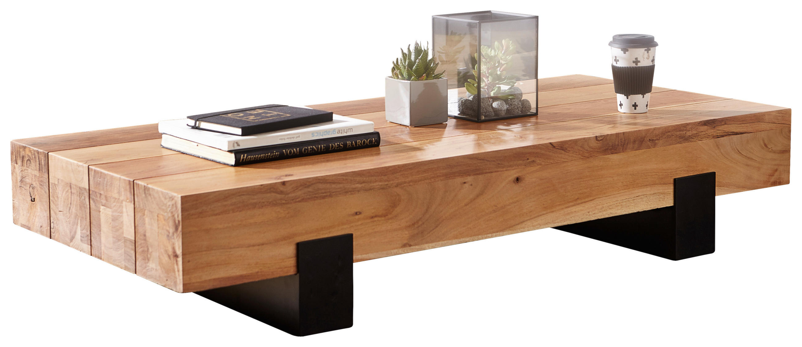 COUCHTISCH Akazie massiv 130/59/25 cm rechteckig Akaziefarben  - Schwarz/Akaziefarben, Design, Holz/Metall (130/59/25cm) - MID.YOU