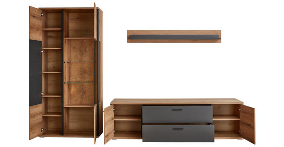 WOHNWAND  in Schwarz, Eichefarben, Dunkelgrau  312,4/208,8/50 cm  - Eichefarben/Dunkelgrau, KONVENTIONELL, Glas/Holzwerkstoff (312,4/208,8/50cm) - Xora