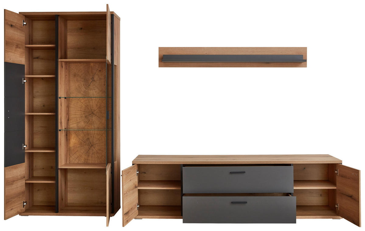 WOHNWAND  in Schwarz, Eichefarben, Dunkelgrau  312,4/208,8/50 cm  - Eichefarben/Dunkelgrau, KONVENTIONELL, Glas/Holzwerkstoff (312,4/208,8/50cm) - Xora