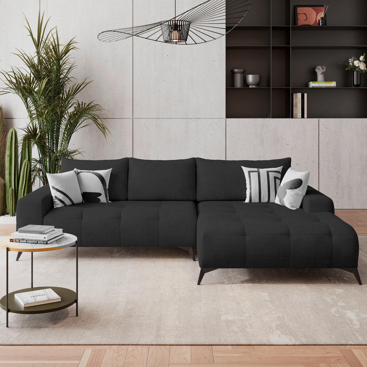 ECKSOFA MAURO Schwarz Flachgewebe  - Schwarz, Trend, Textil/Metall (290/175cm) - MID.YOU