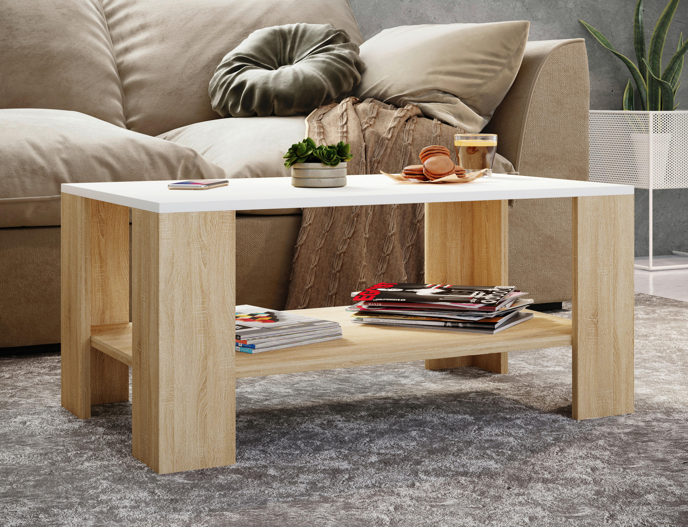 COUCHTISCH 90/53/41 cm rechteckig Weiß, Sonoma Eiche  - Weiß/Sonoma Eiche, MODERN, Holzwerkstoff (90/53/41cm) - MID.YOU