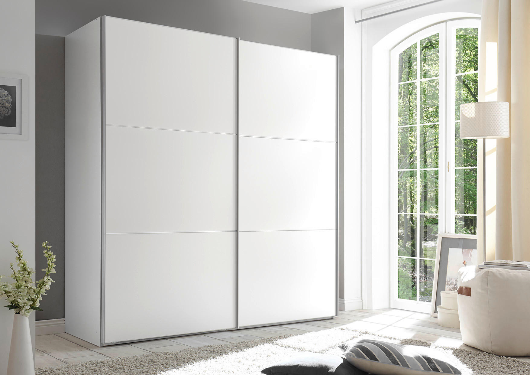 SCHWEBETÜRENSCHRANK in Weiss  - Weiss/Alufarben, Design, Holzwerkstoff/Metall (200/222/68cm) - Moderano