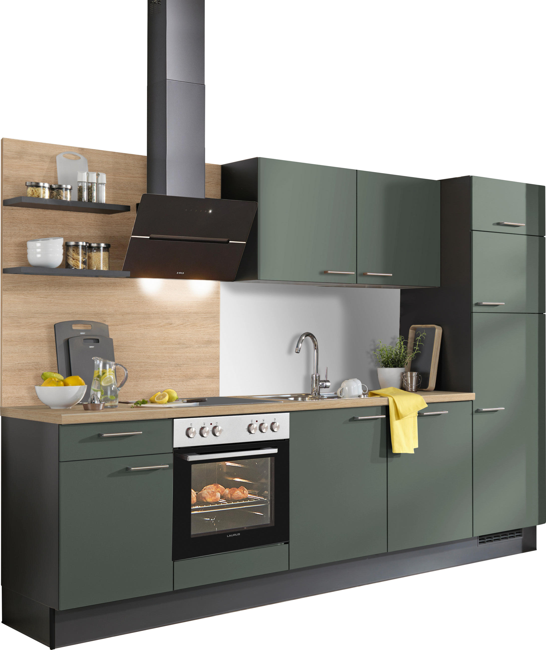 KÜCHENBLOCK 290 cm   in Graphitfarben, Eichefarben, Dunkelgrün  - Dunkelgrün/Edelstahlfarben, Design, Holzwerkstoff/Metall (290cm) - Xora