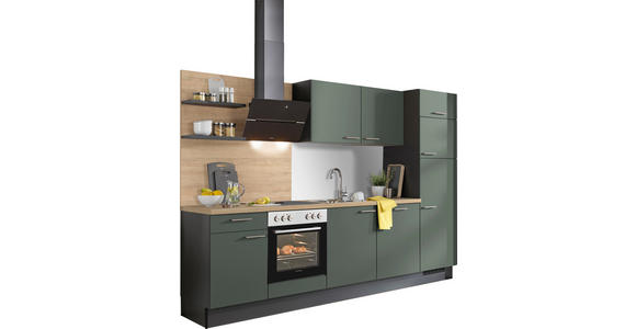 KÜCHENBLOCK 290 cm in Graphitfarben, Eichefarben, Dunkelgrün - Dunkelgrün/Edelstahlfarben, Design, Holzwerkstoff/Metall (290cm) - Xora