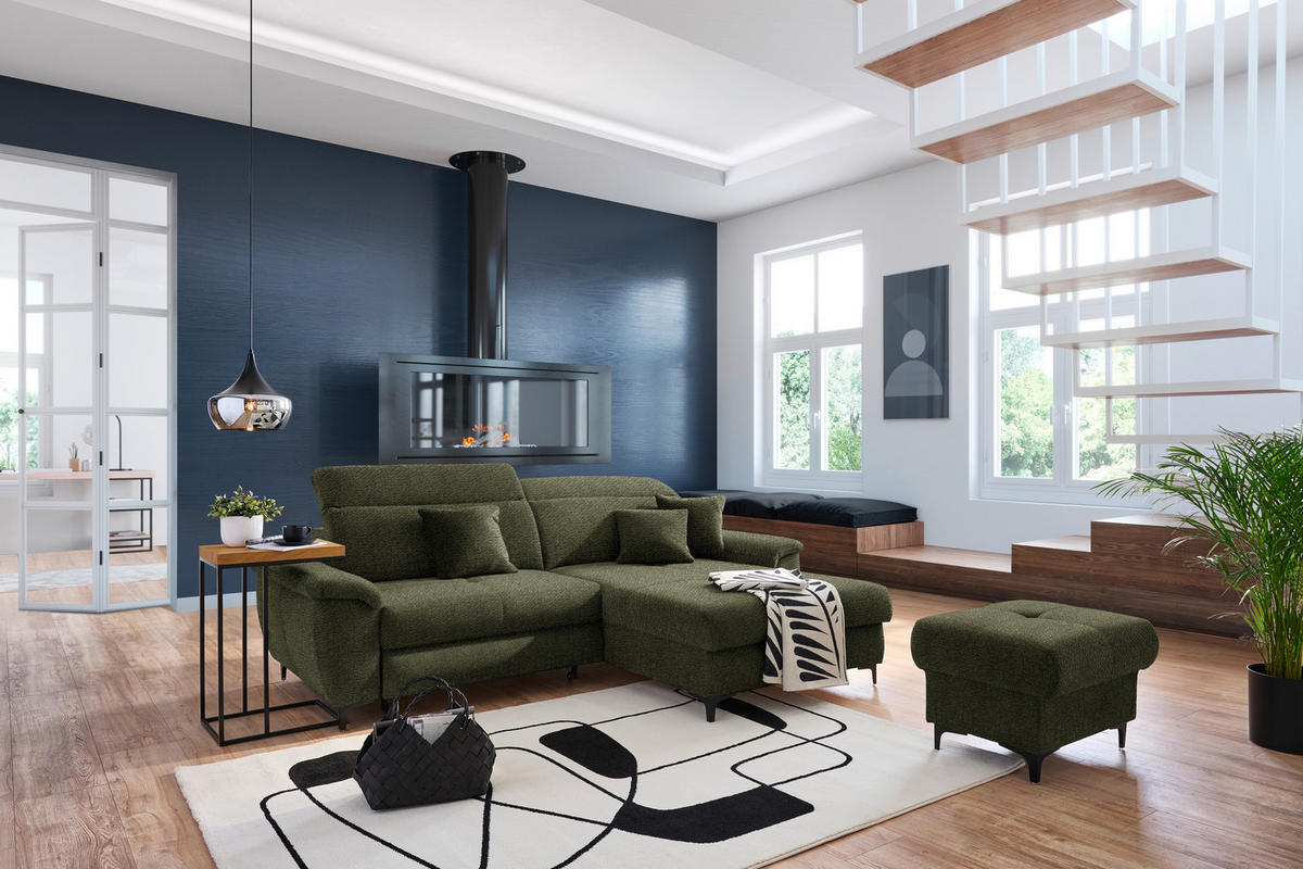 ECKSOFA in Chenille Dunkelgrün  - Dunkelgrün/Schwarz, Design, Textil/Metall (185/256cm) - Stylife