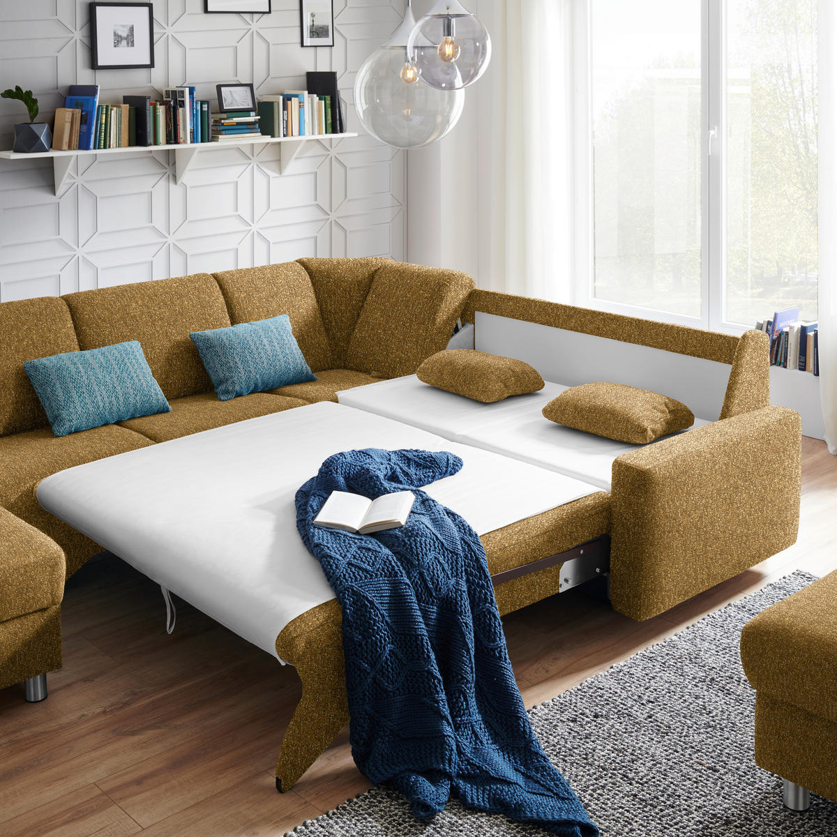 WOHNLANDSCHAFT  in Mikrovelours Senfgelb  - Senfgelb/Alufarben, KONVENTIONELL, Kunststoff/Textil (158/322/236cm) - Sedda