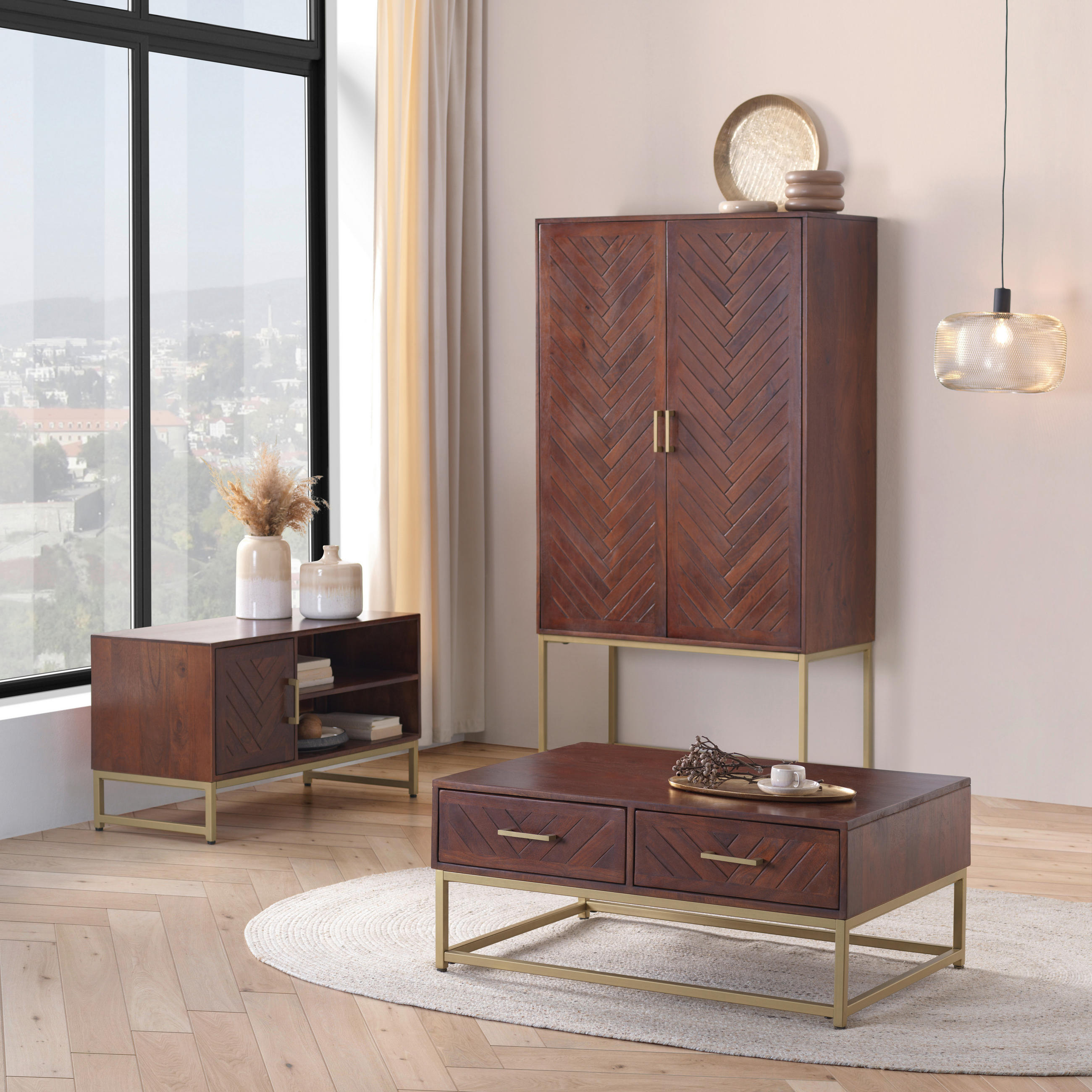 HIGHBOARD  in 90/160/40 cm  - Goldfarben/Walnussfarben, Design, Holz/Metall (90/160/40cm) - MID.YOU