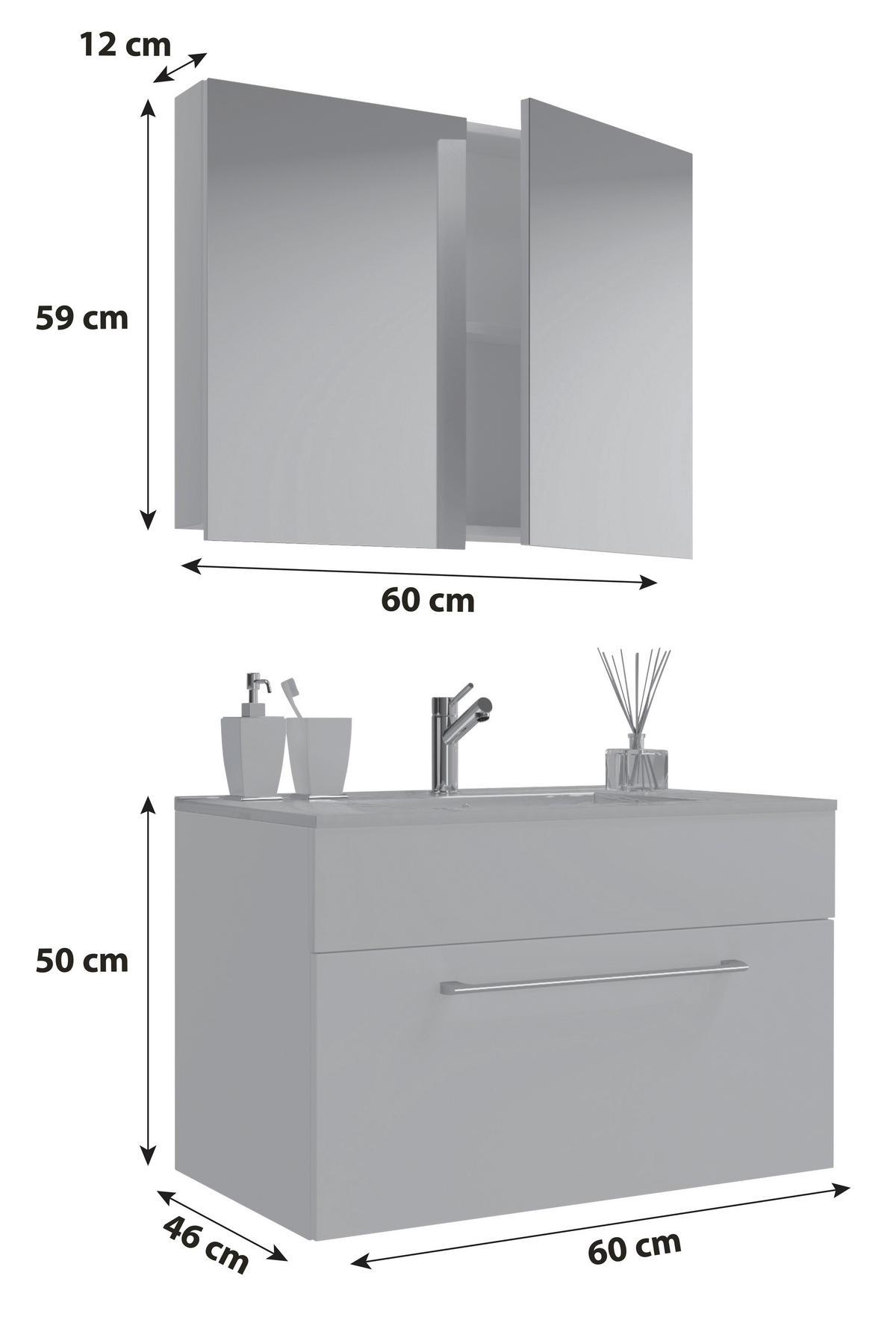 BADEZIMMER 3-teilig  in 60 cm  - Alufarben/Weiß, MODERN, Keramik/Holzwerkstoff (60cm) - MID.YOU