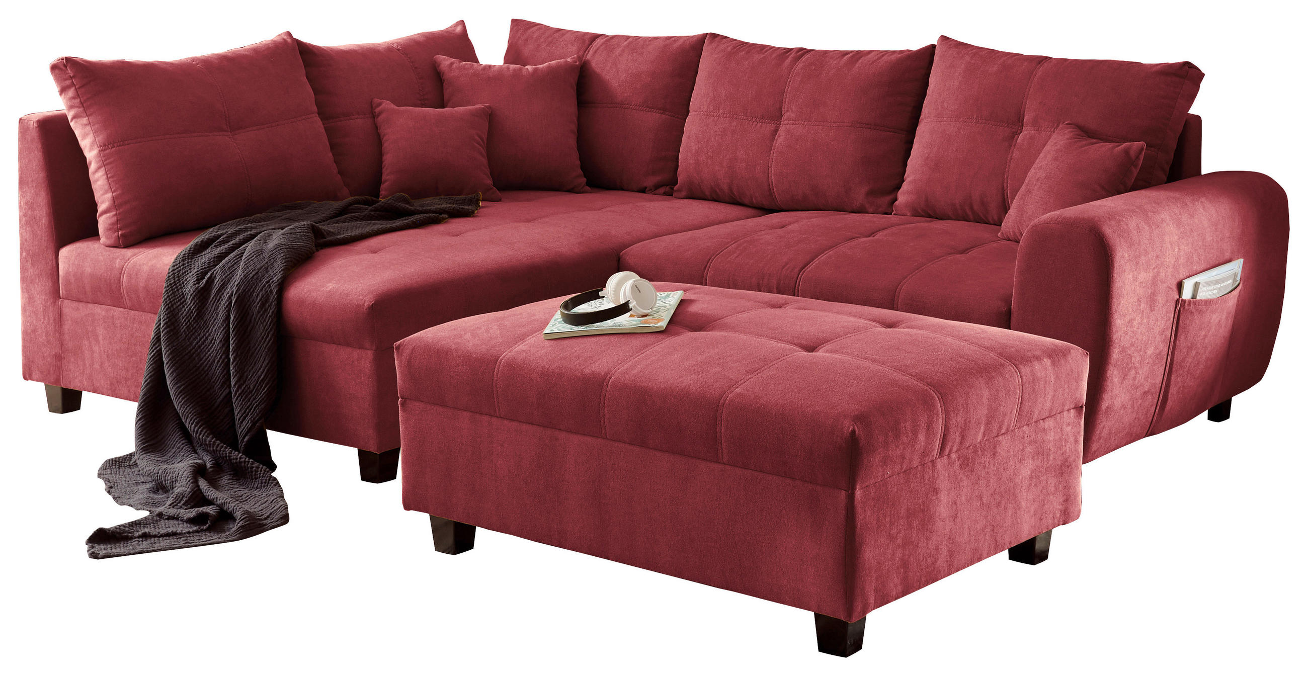 ECKSOFA inkl. Hocker Beere Mikrovelours  - Beere/Schwarz, Basics, Kunststoff/Textil (176/248cm) - MID.YOU