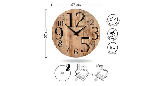 WANDUHR 57 cm - Kastanieneichefarben/Schwarz, Basics, Holzwerkstoff/Kunststoff (57cm) - Ambia Home