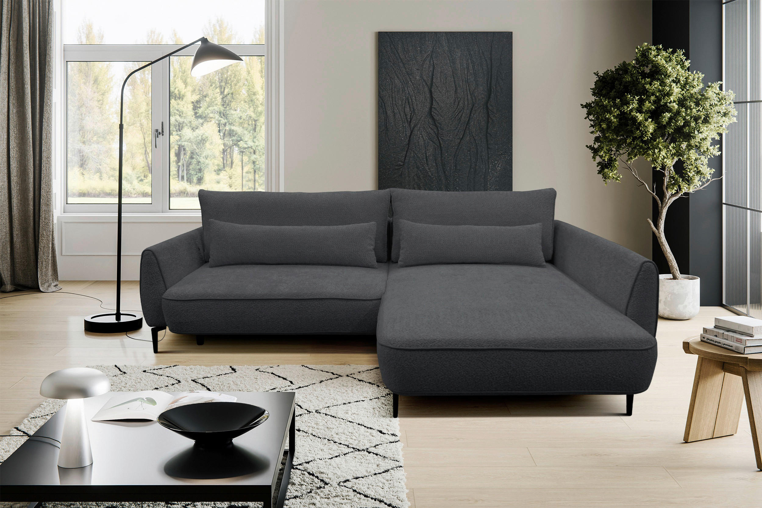 ECKSOFA in Bouclé Dunkelgrau  - Dunkelgrau/Creme, Design, Textil/Metall (273/204cm) - MID.YOU