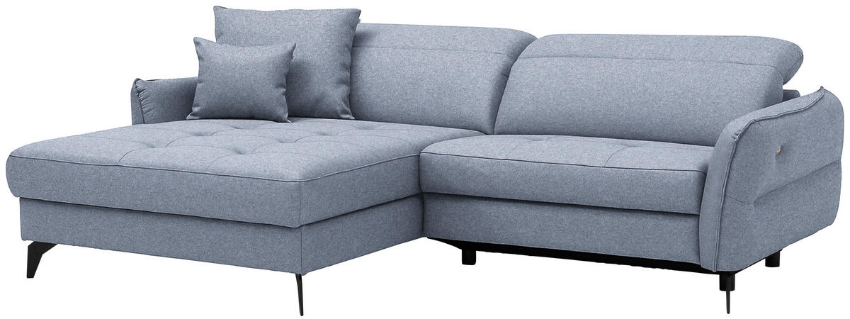 ECKSOFA MANTA in Flachgewebe Hellblau Bettkasten, Rücken echt, Relaxfunktion, Kopfteilverstellung  175/246 cm  - Schwarz/Hellblau, Design, Textil/Metall (175/246cm) - Celina