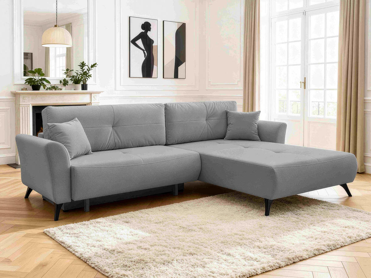 ECKSOFA GEMMA Grau Flachgewebe Zierkissen, Rückenkissen, Bettkasten, Schlaffunktion, Rücken echt, Stauraum  - Schwarz/Grau, Design, Textil/Metall (270/183cm) - P & B